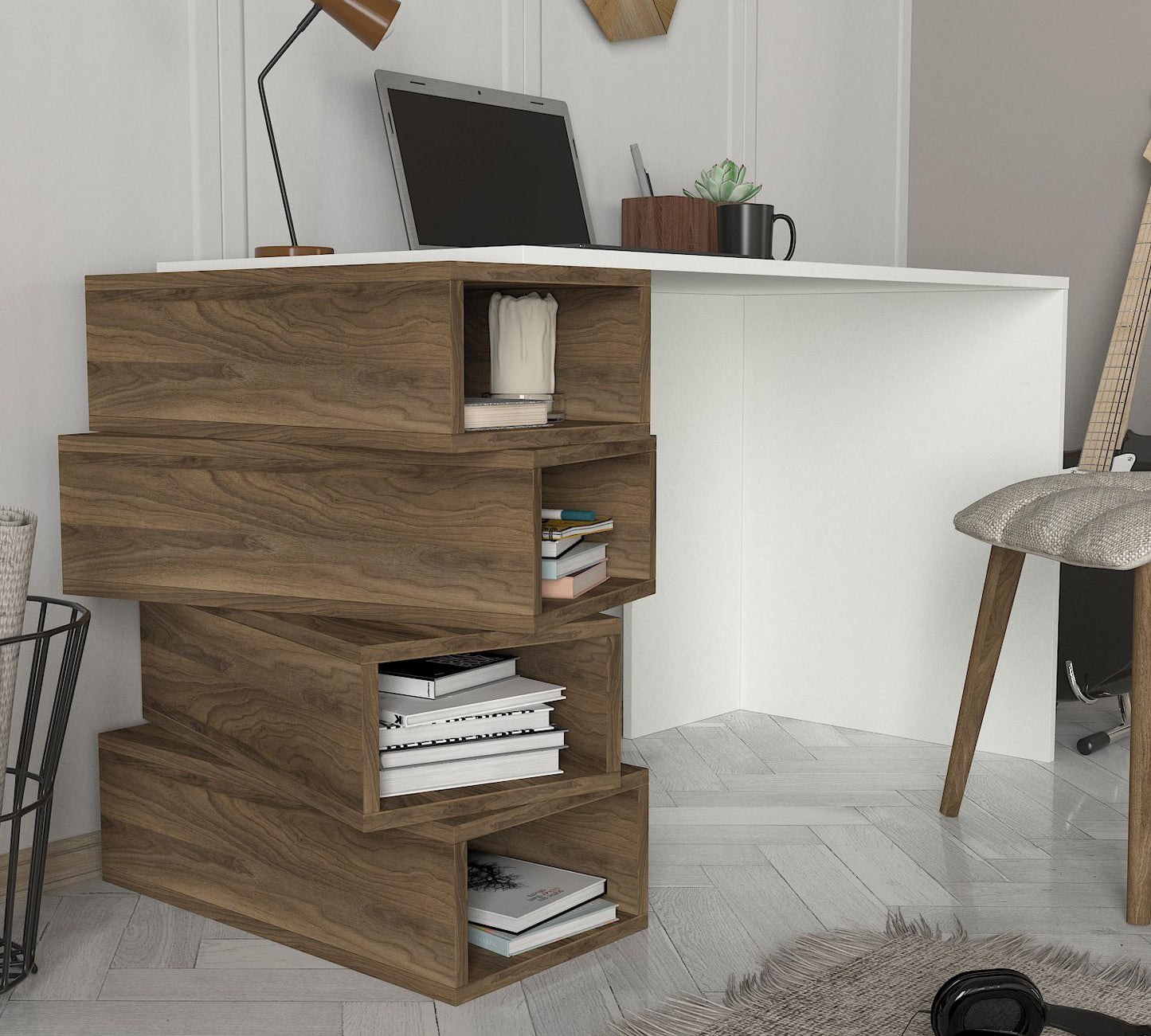 Biuro stalas Jenga - White, Walnut