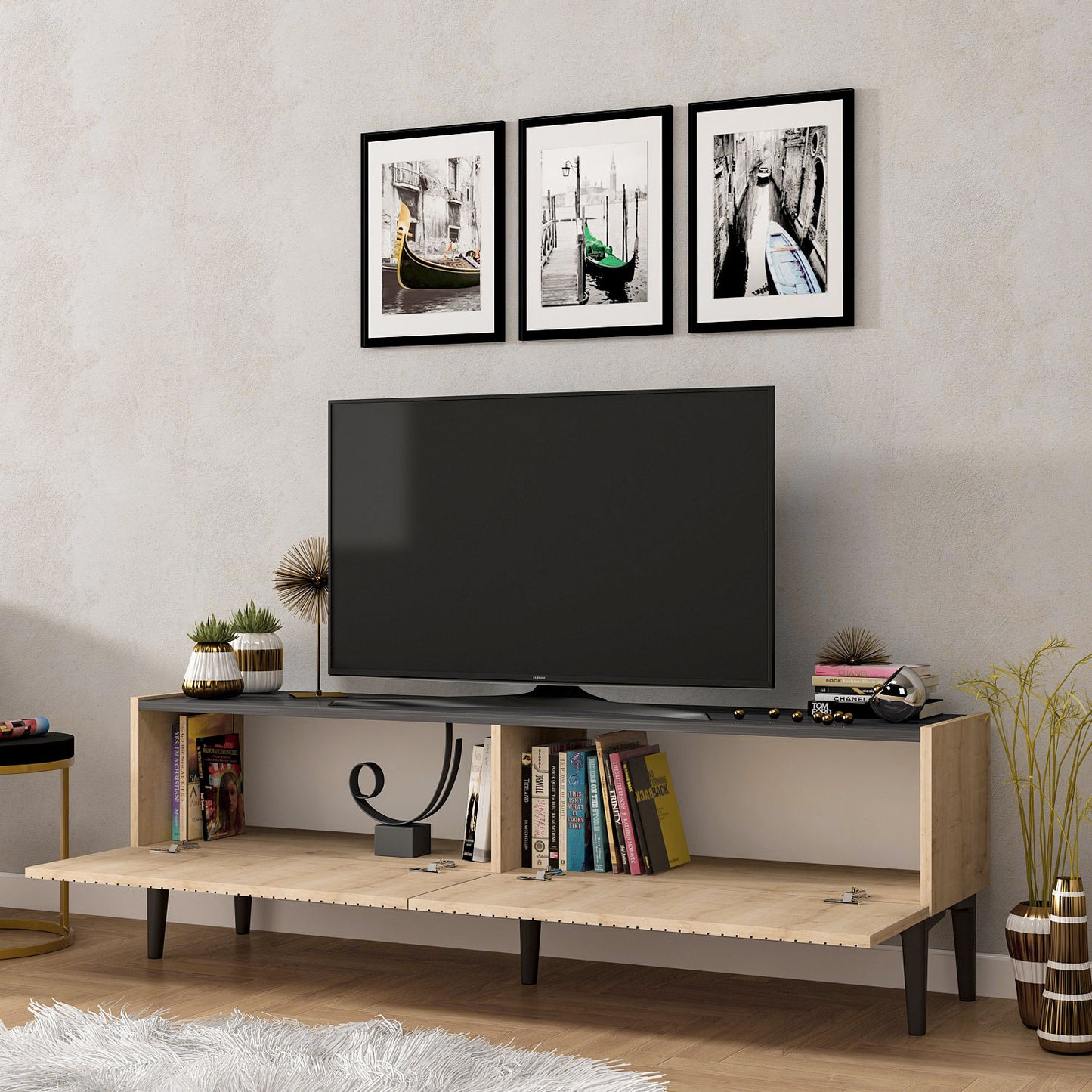 TV staliukas Draw - Sapphire Oak, Black Marble