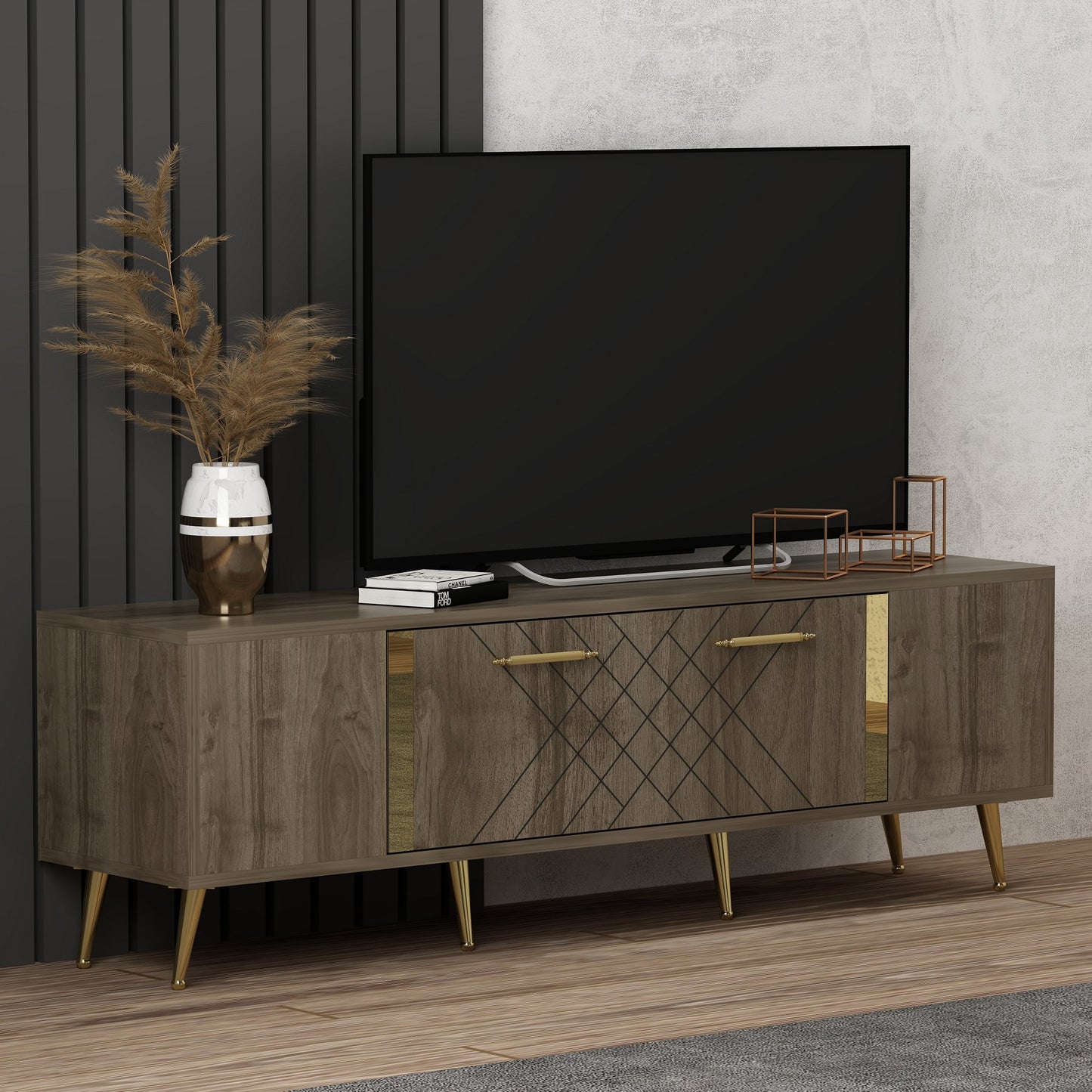 TV staliukas Detas - Walnut, Gold