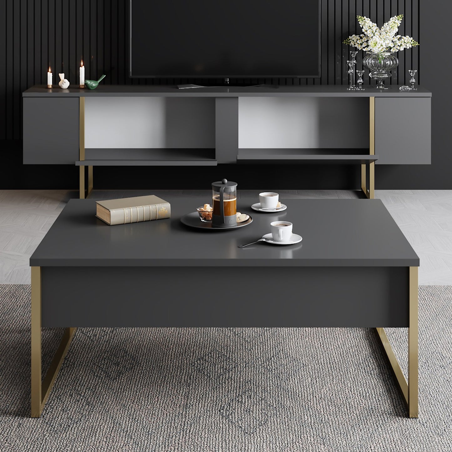 TV staliukas Luxe - Anthracite, Gold