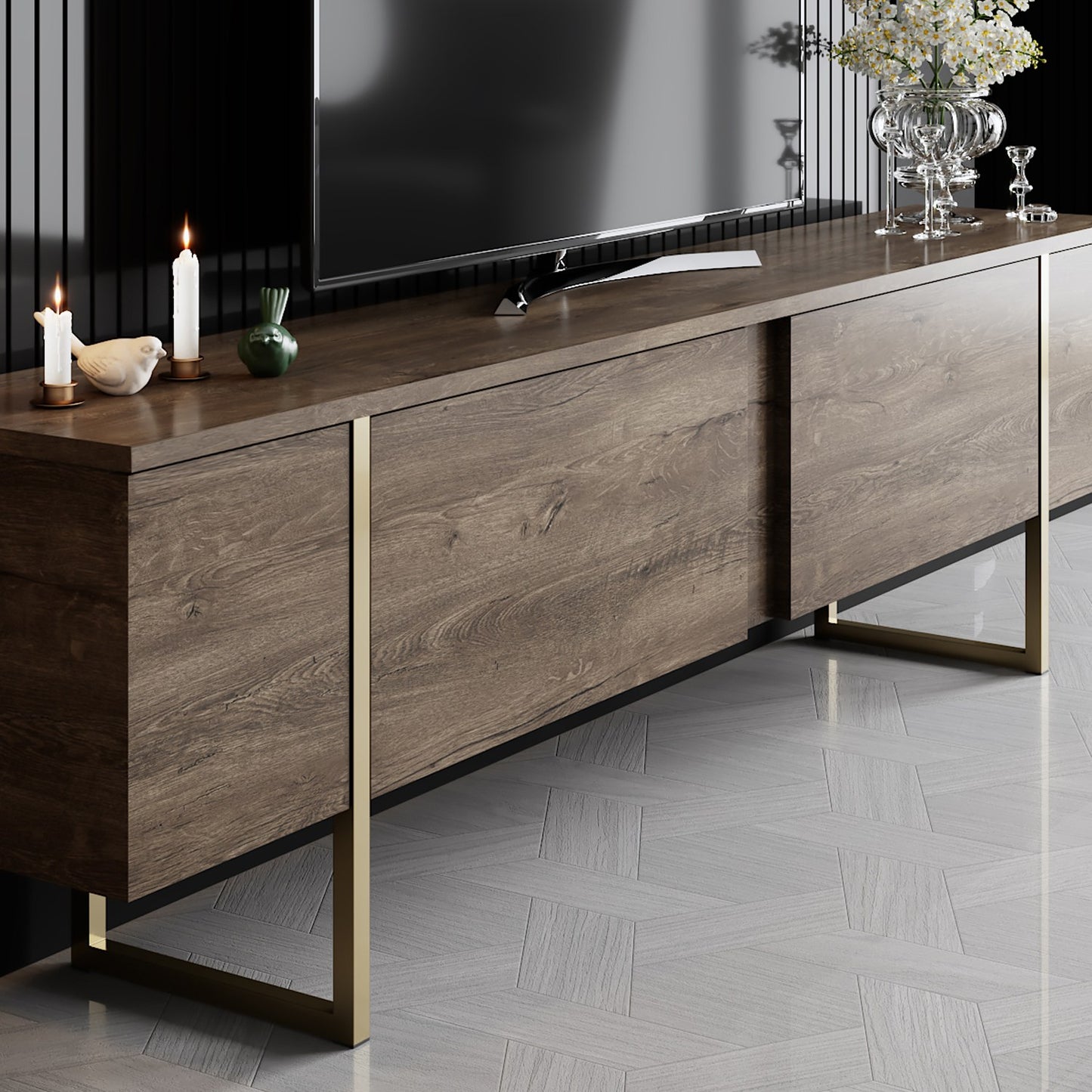 TV staliukas Luxe - Walnut, Gold