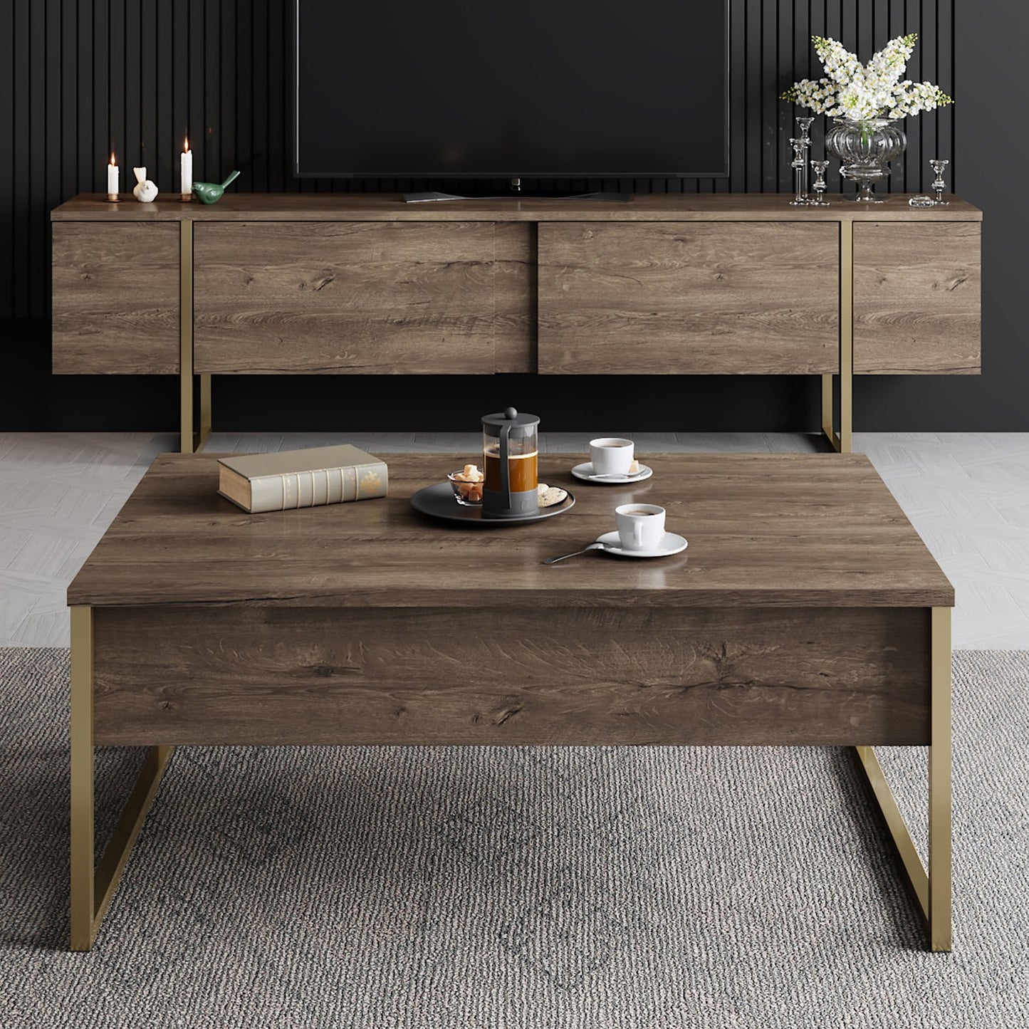 TV staliukas Luxe - Walnut, Gold