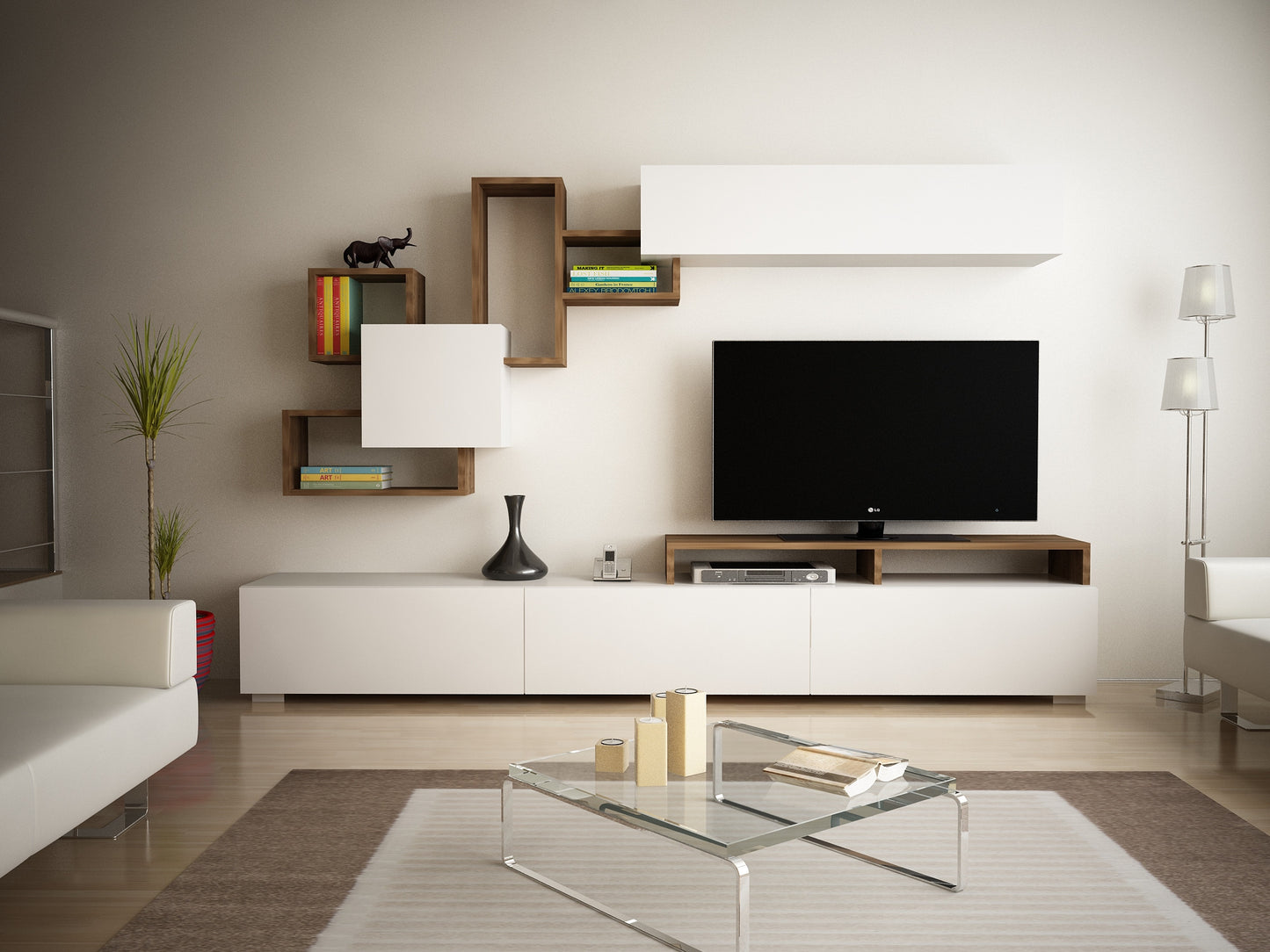 TV staliukas Elit - White, Walnut