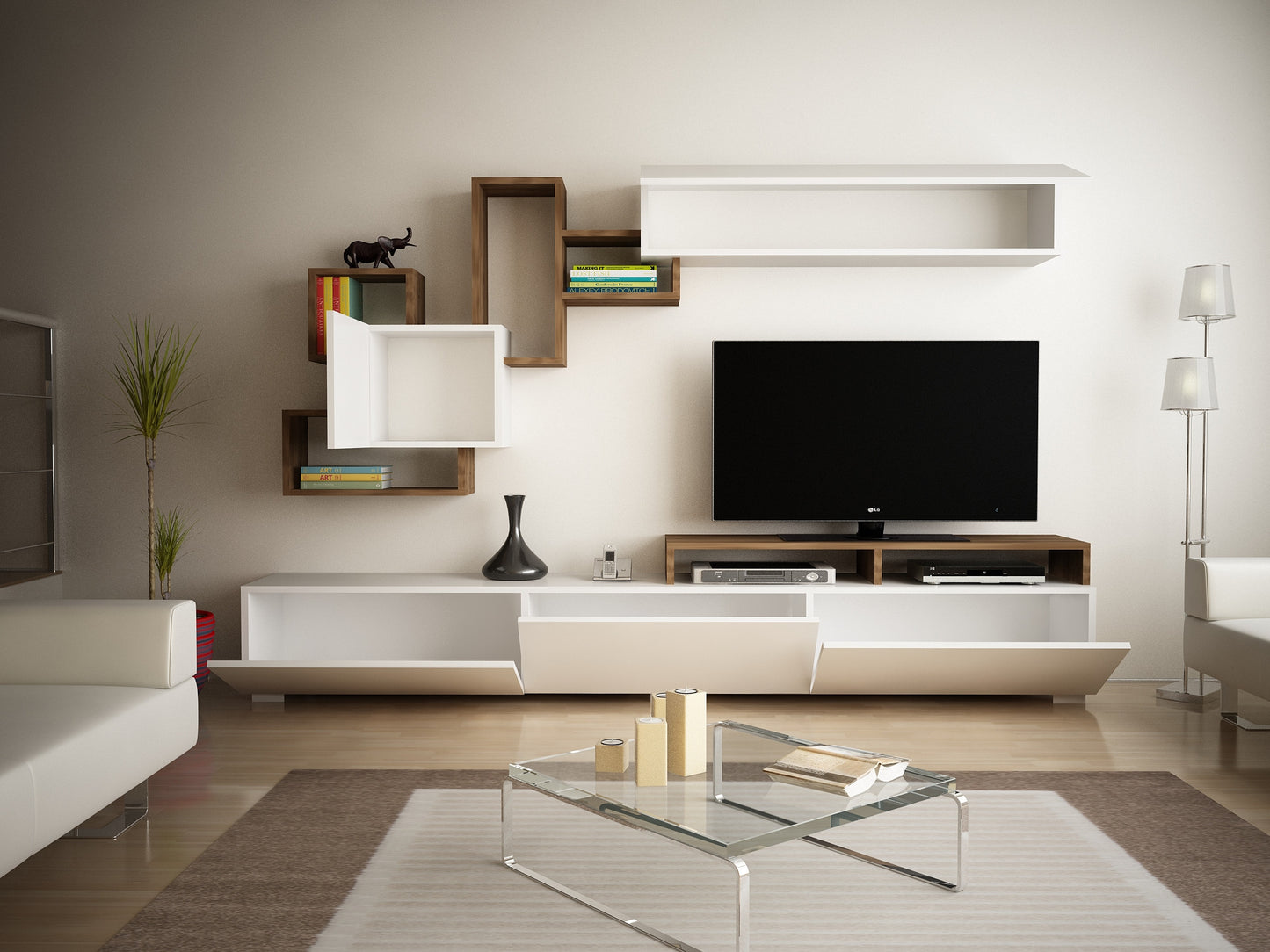 TV staliukas Elit - White, Walnut