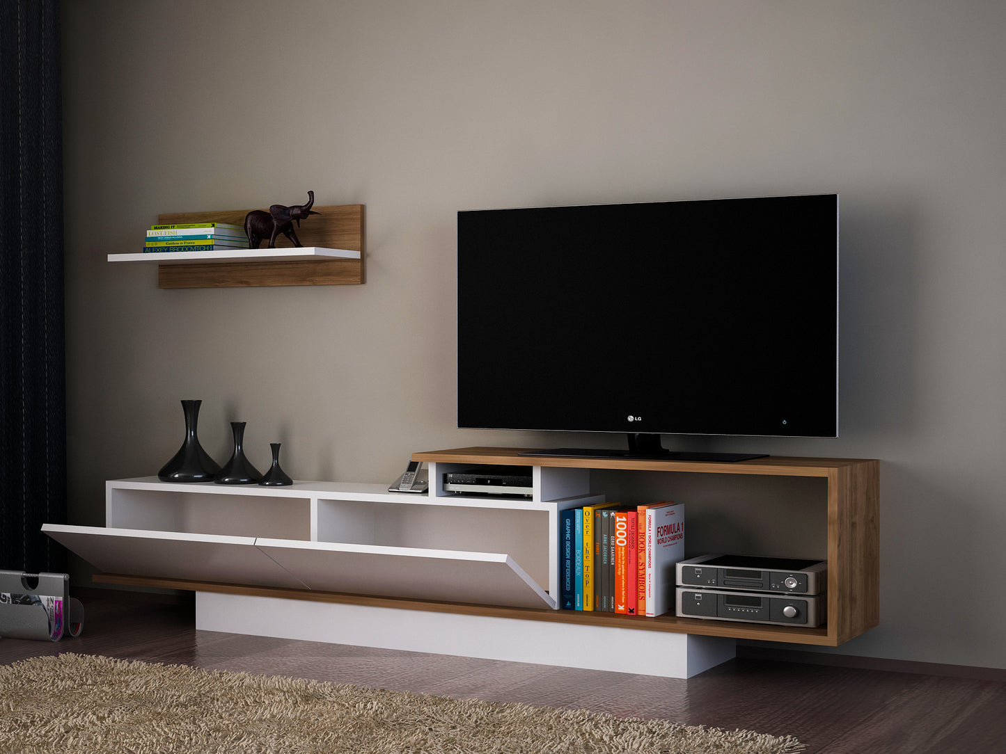 TV staliukas Asos - White, Walnut