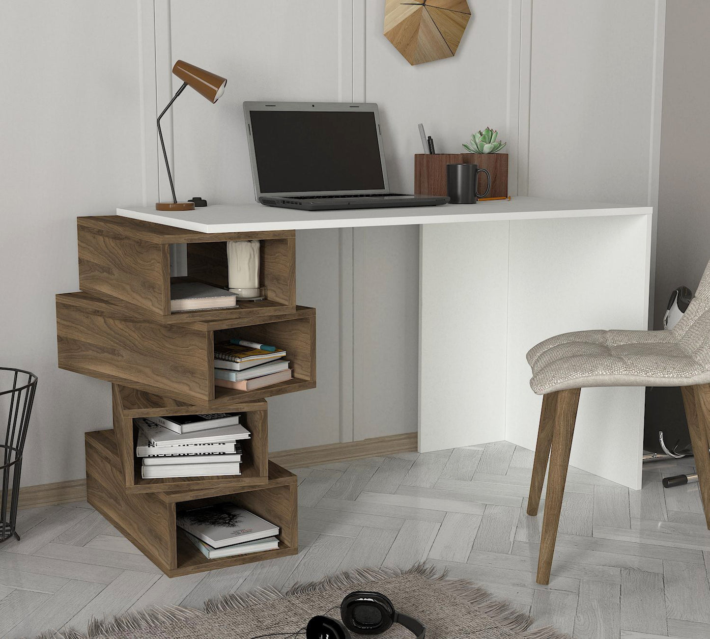 Biuro stalas Jenga - White, Walnut