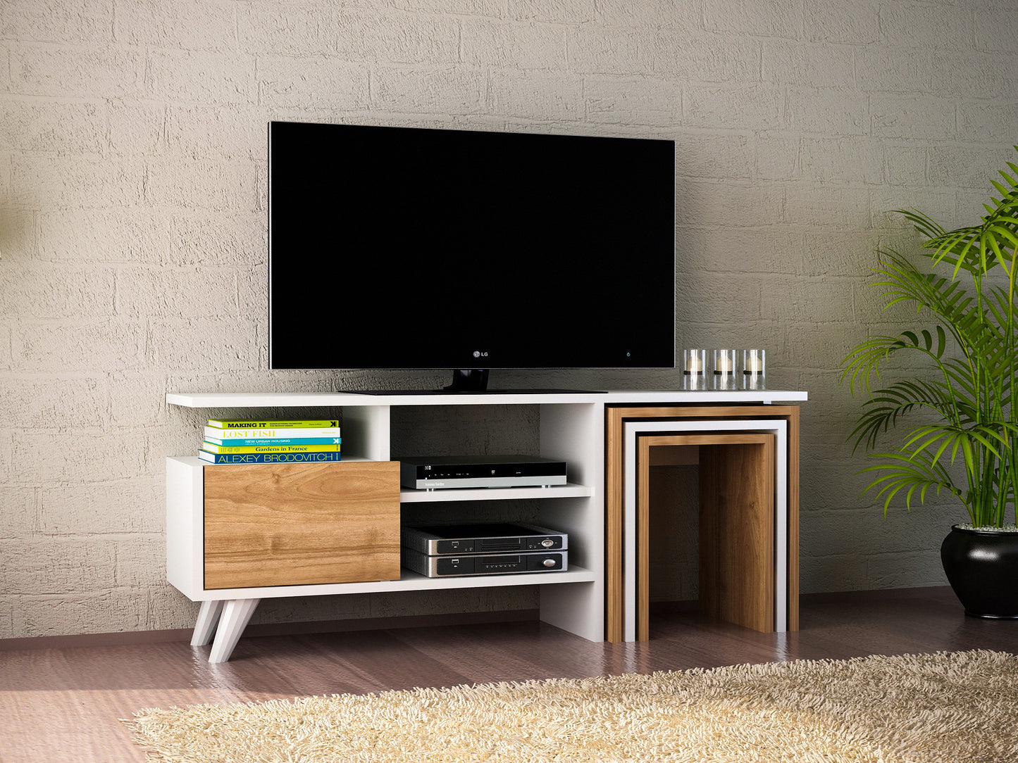 TV staliukas Nature - White, Walnut