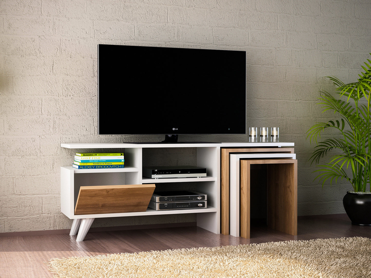 TV staliukas Nature - White, Walnut