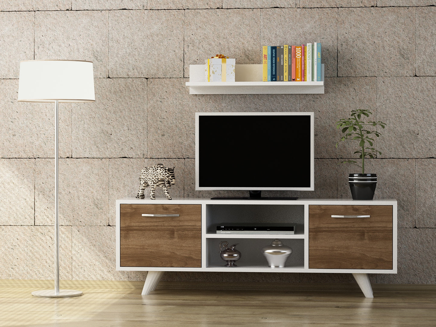 TV staliukas Likya - White, Walnut