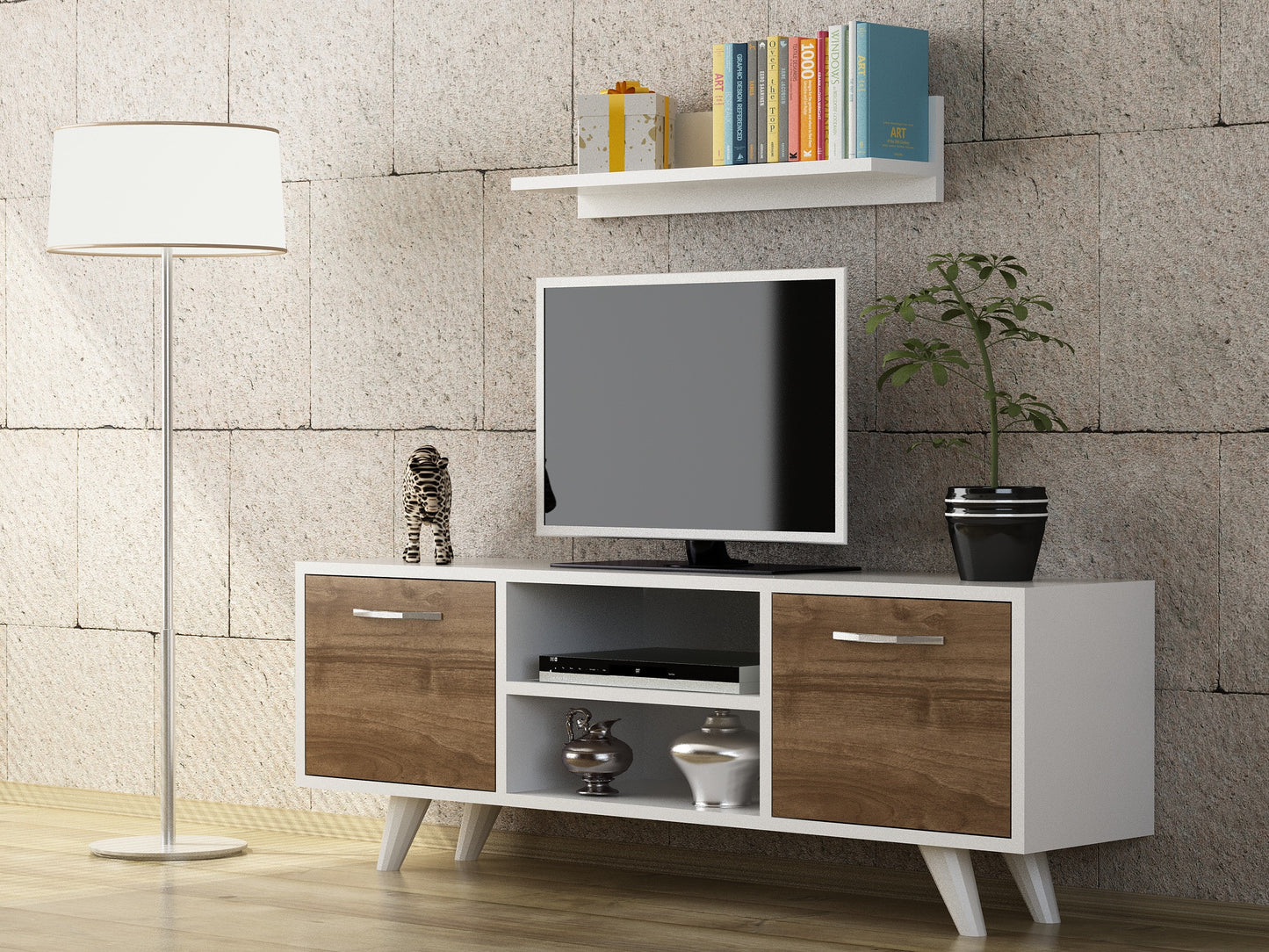 TV staliukas Likya - White, Walnut