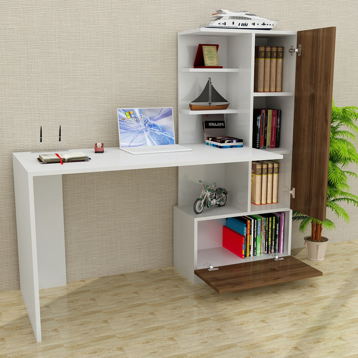 Biuro stalas Merinos - White, Walnut