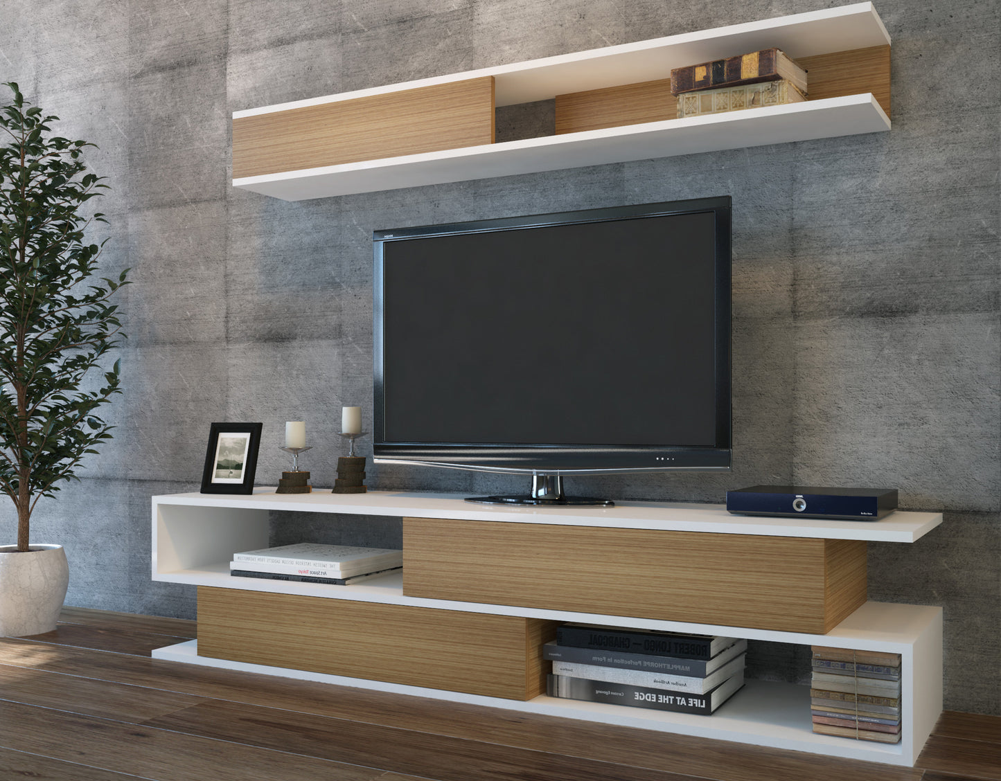 TV staliukas Sims - White, Teak