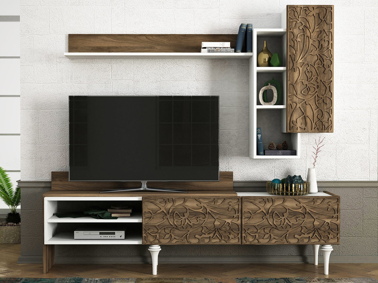 TV staliukas Lenti - White, Walnut