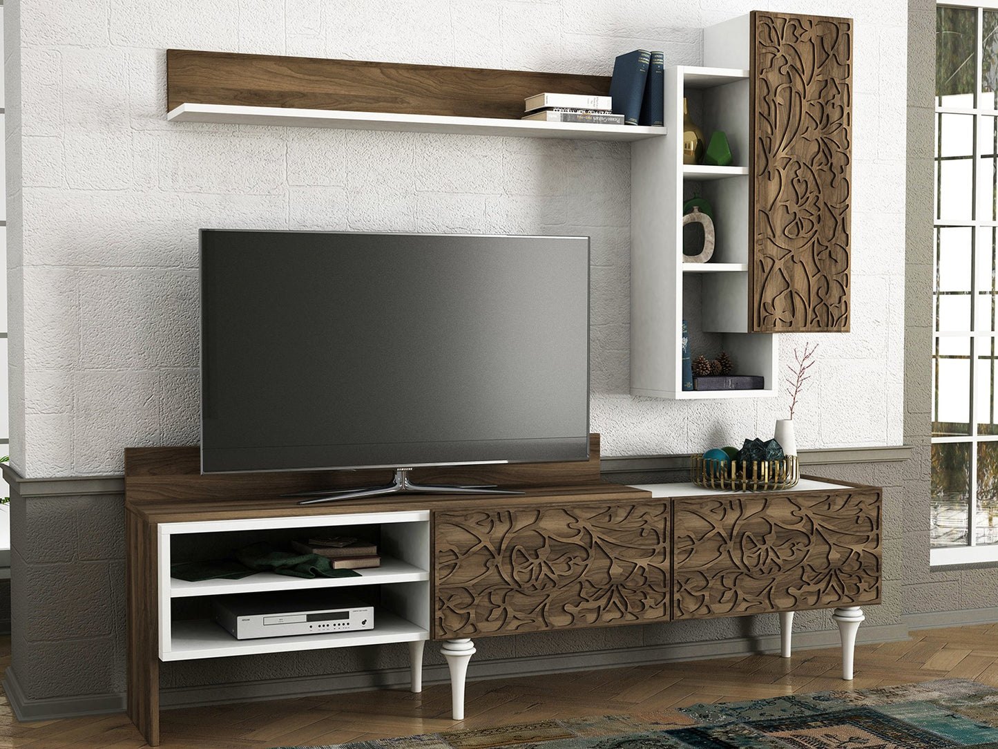 TV staliukas Lenti - White, Walnut