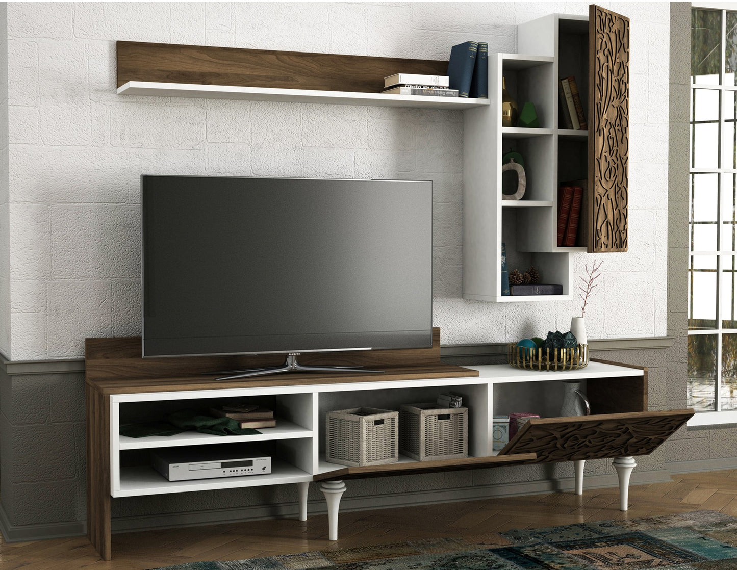 TV staliukas Lenti - White, Walnut