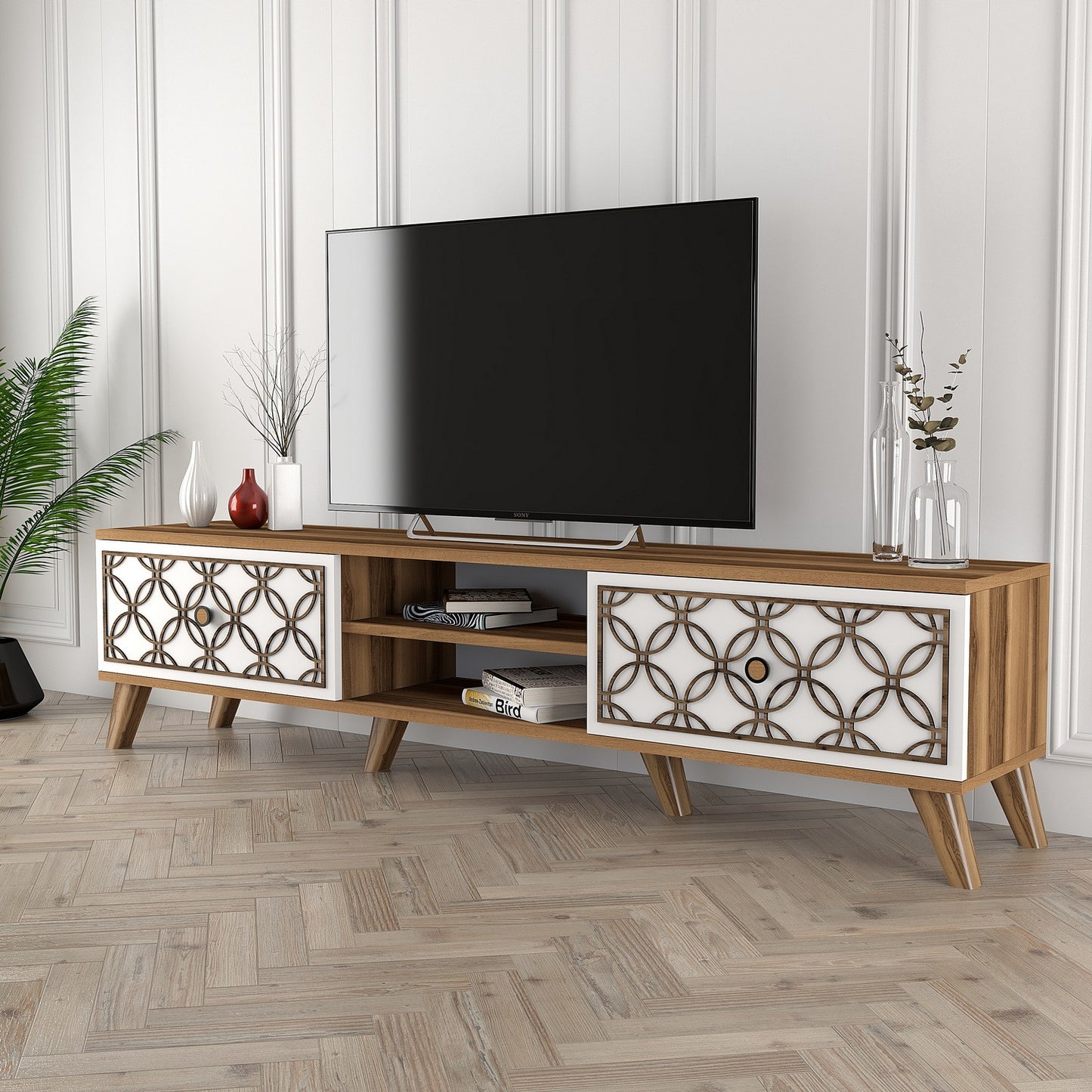 TV staliukas Class - Walnut, White