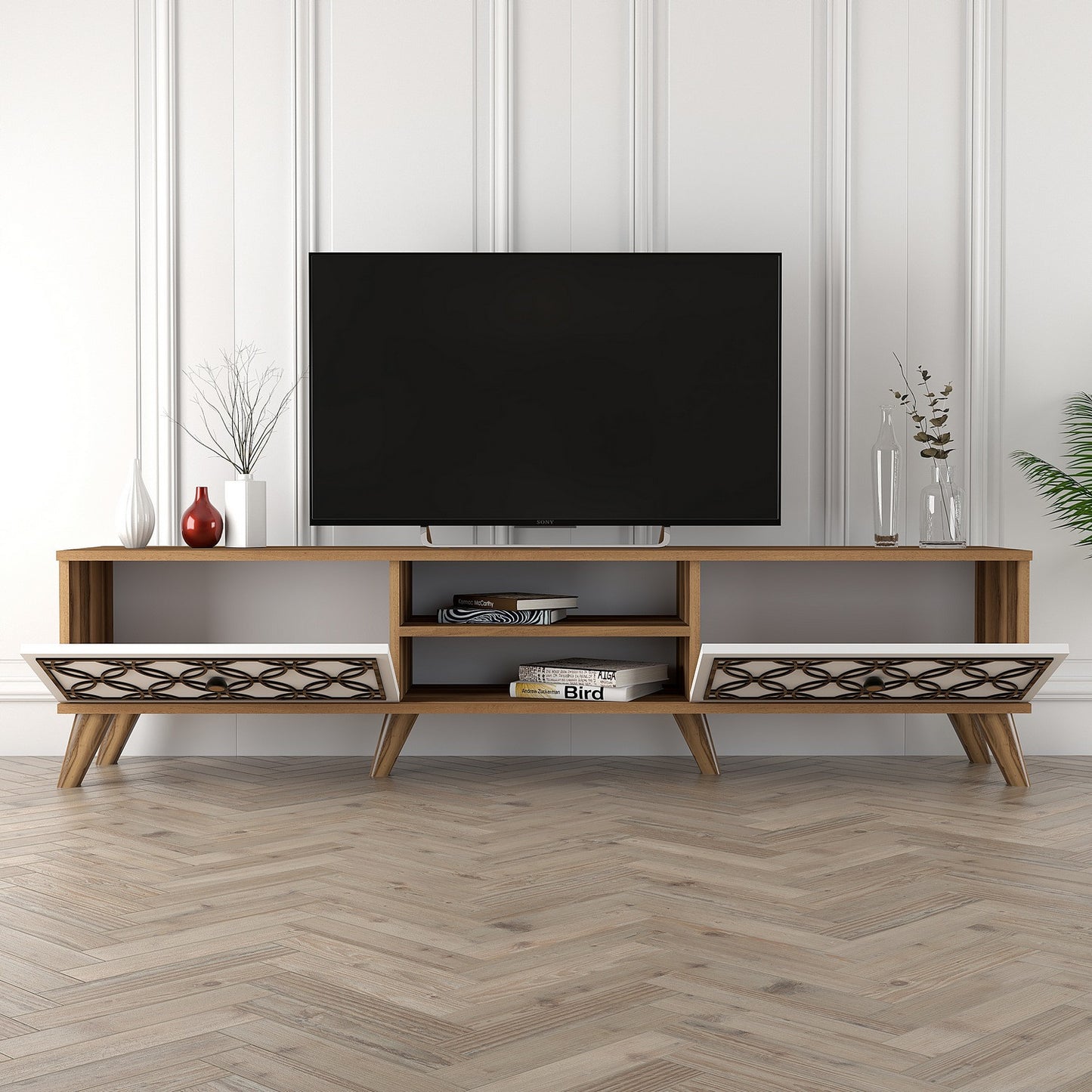 TV staliukas Class - Walnut, White