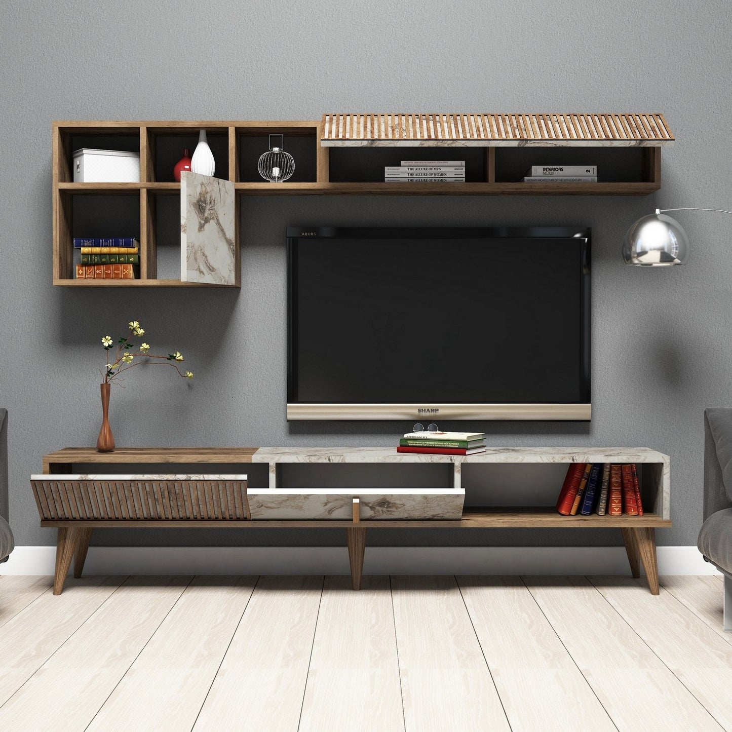 TV staliukas Milan - Walnut, White Marble