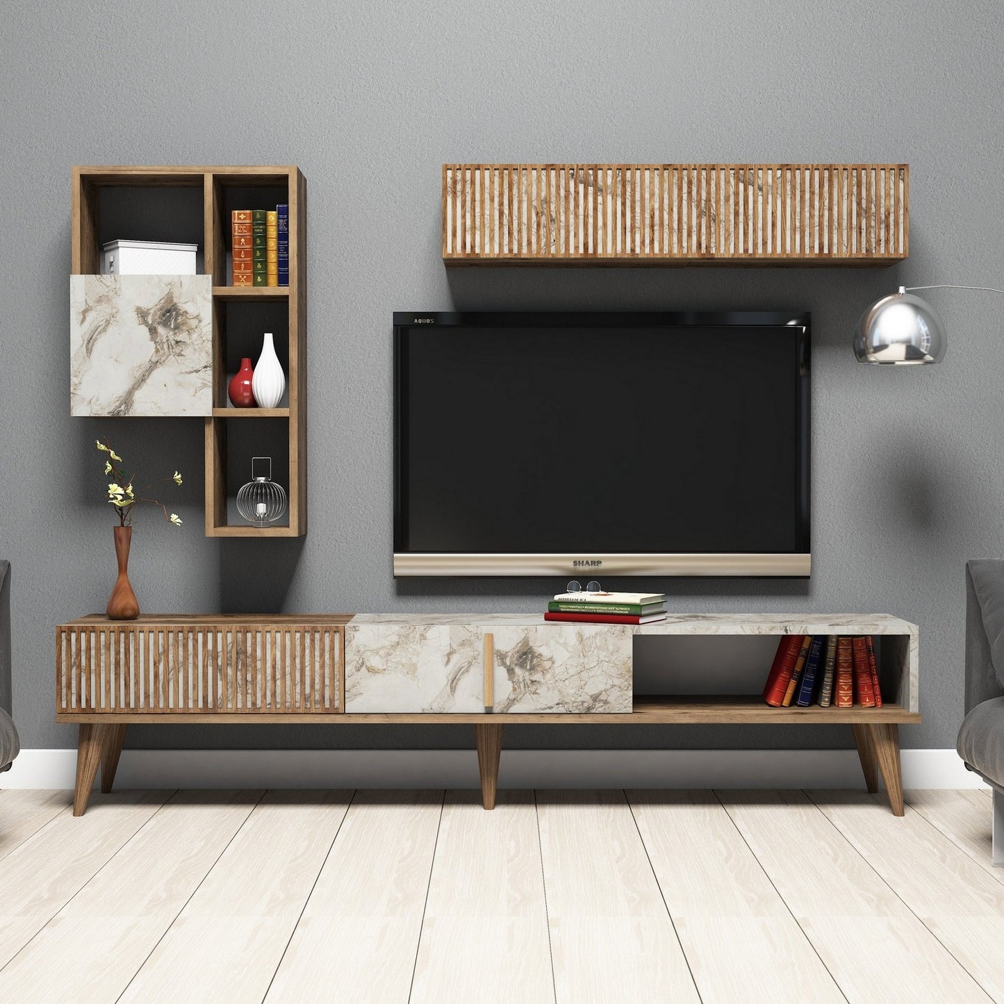 TV staliukas Milan - Walnut, White Marble