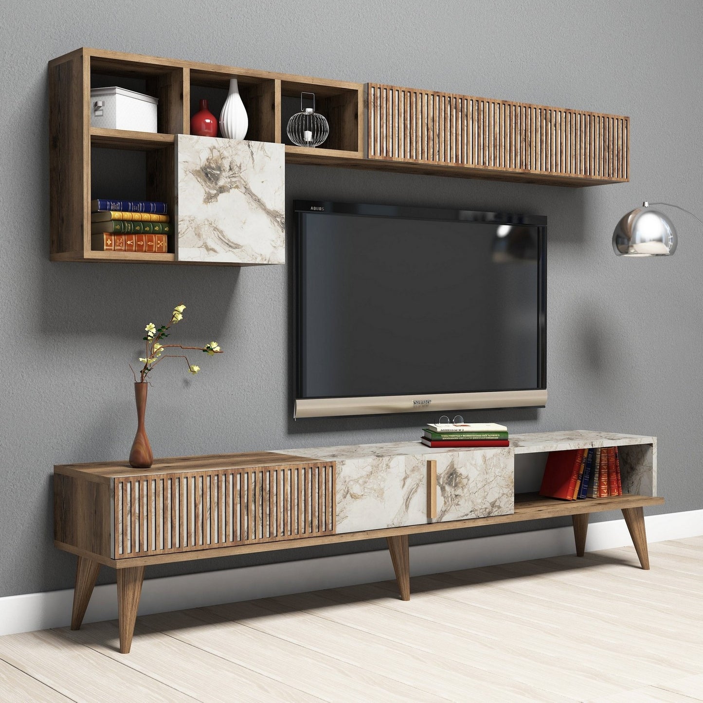 TV staliukas Milan - Walnut, White Marble