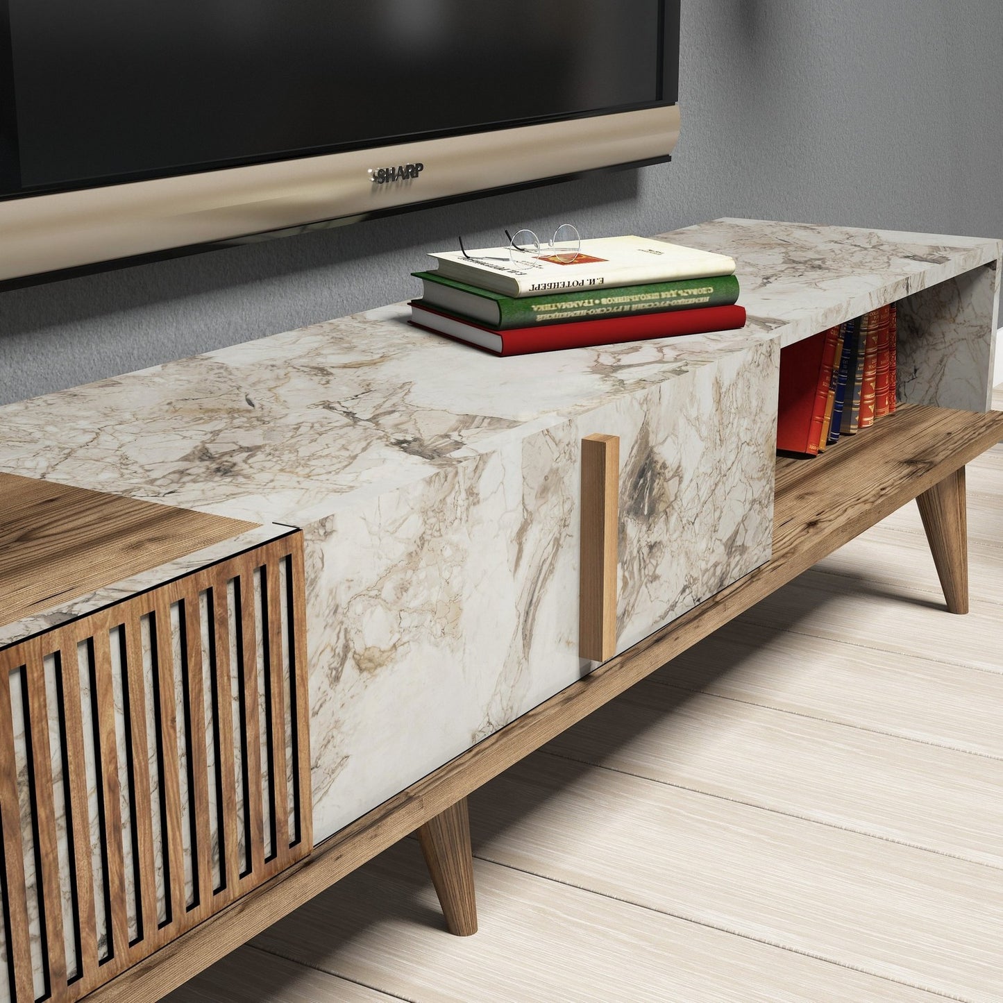 TV staliukas Milan - Walnut, White Marble