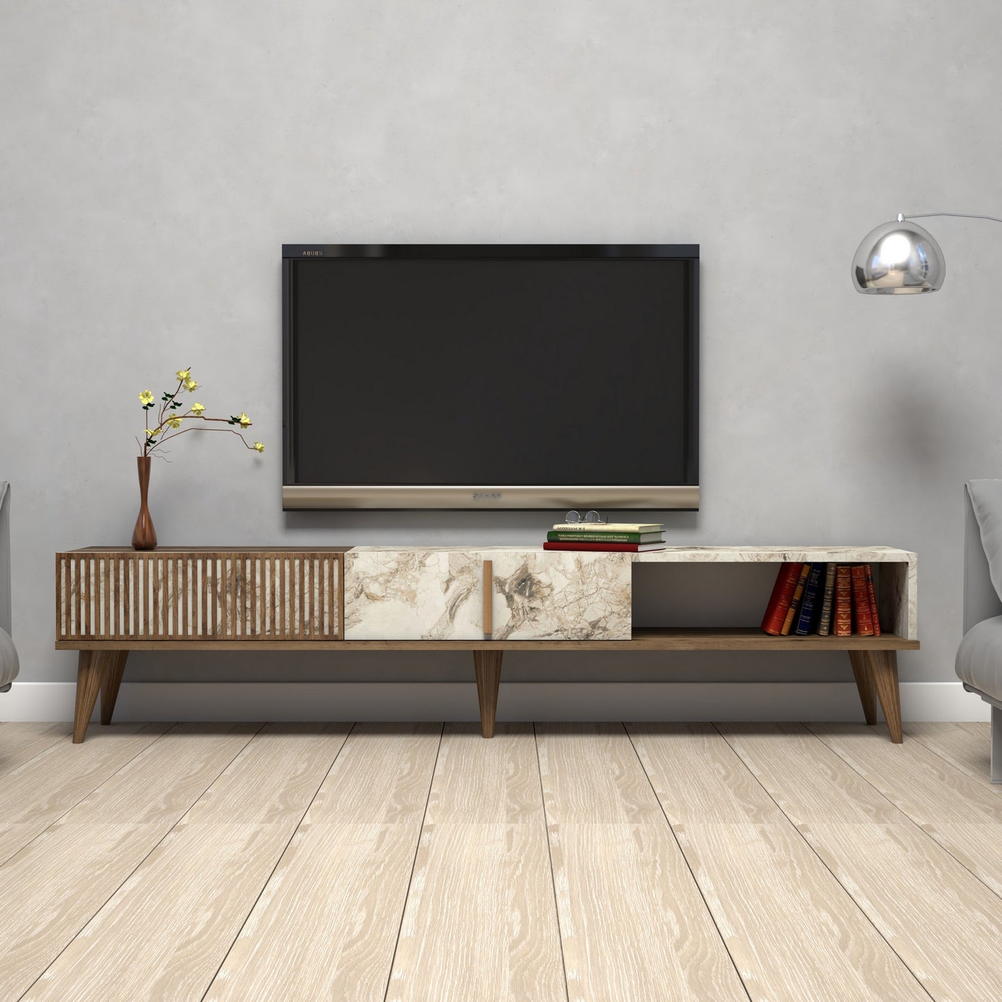 TV staliukas Milan - Walnut, White Marble