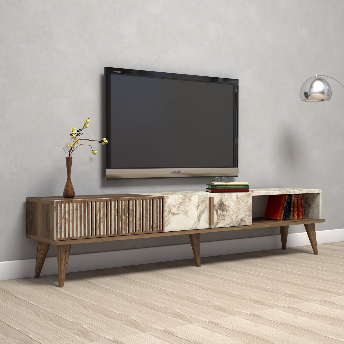 TV staliukas Milan - Walnut, White Marble