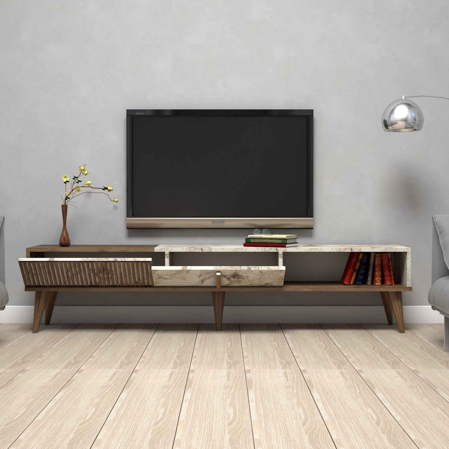 TV staliukas Milan - Walnut, White Marble