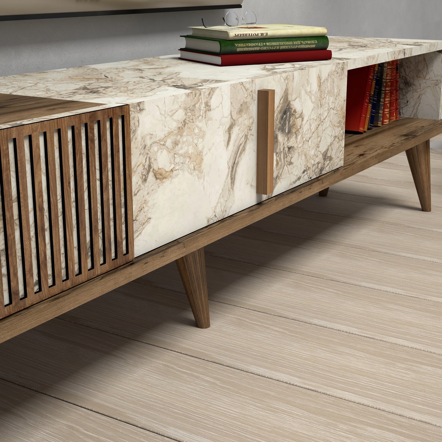 TV staliukas Milan - Walnut, White Marble