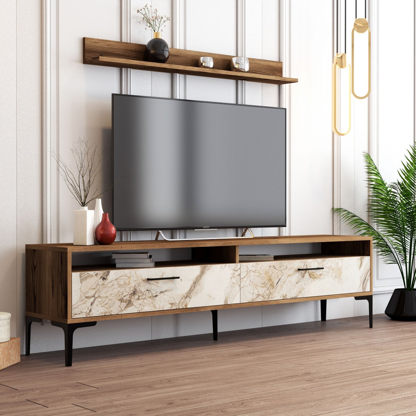 TV staliukas Istanbul - Walnut, White Marble