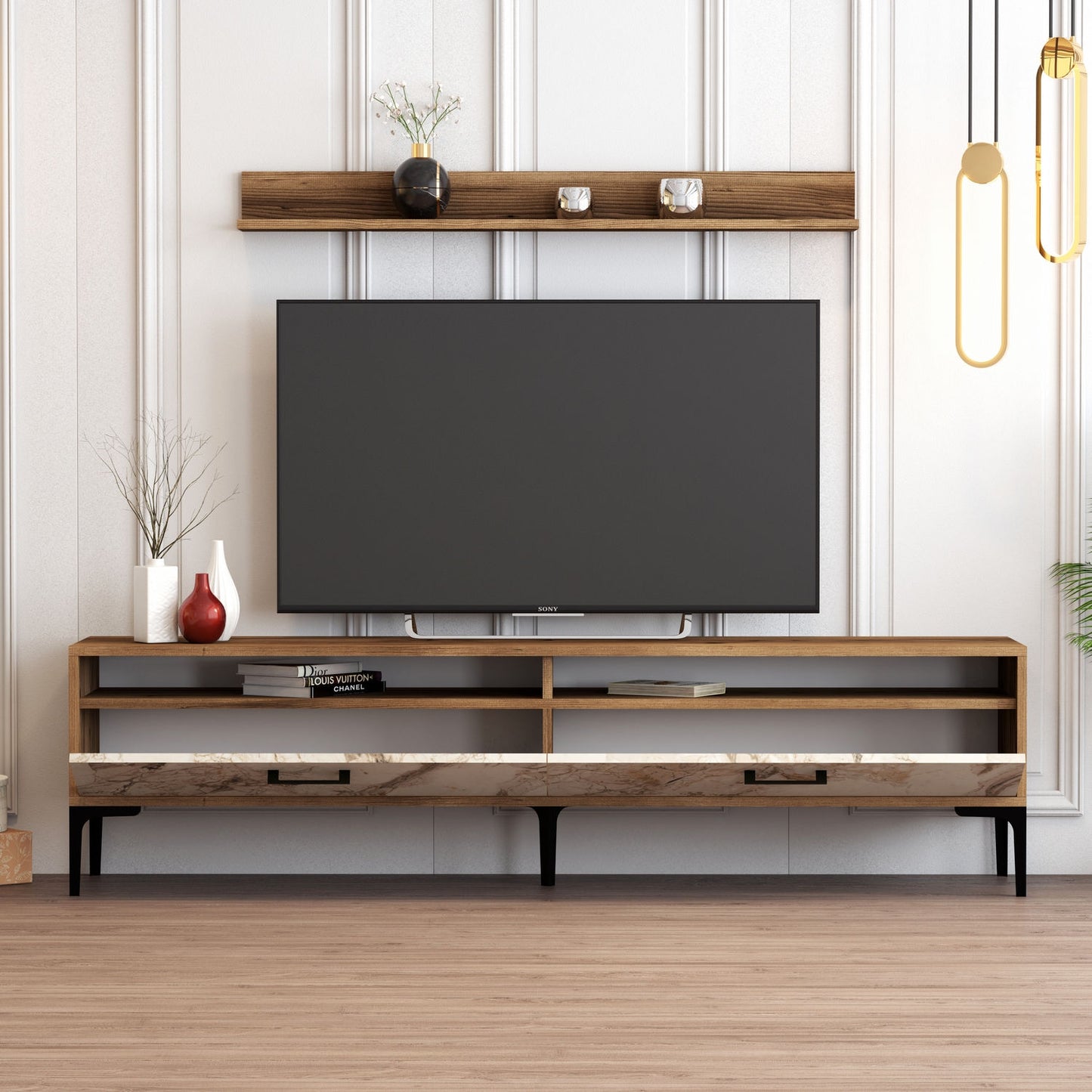 TV staliukas Istanbul - Walnut, White Marble