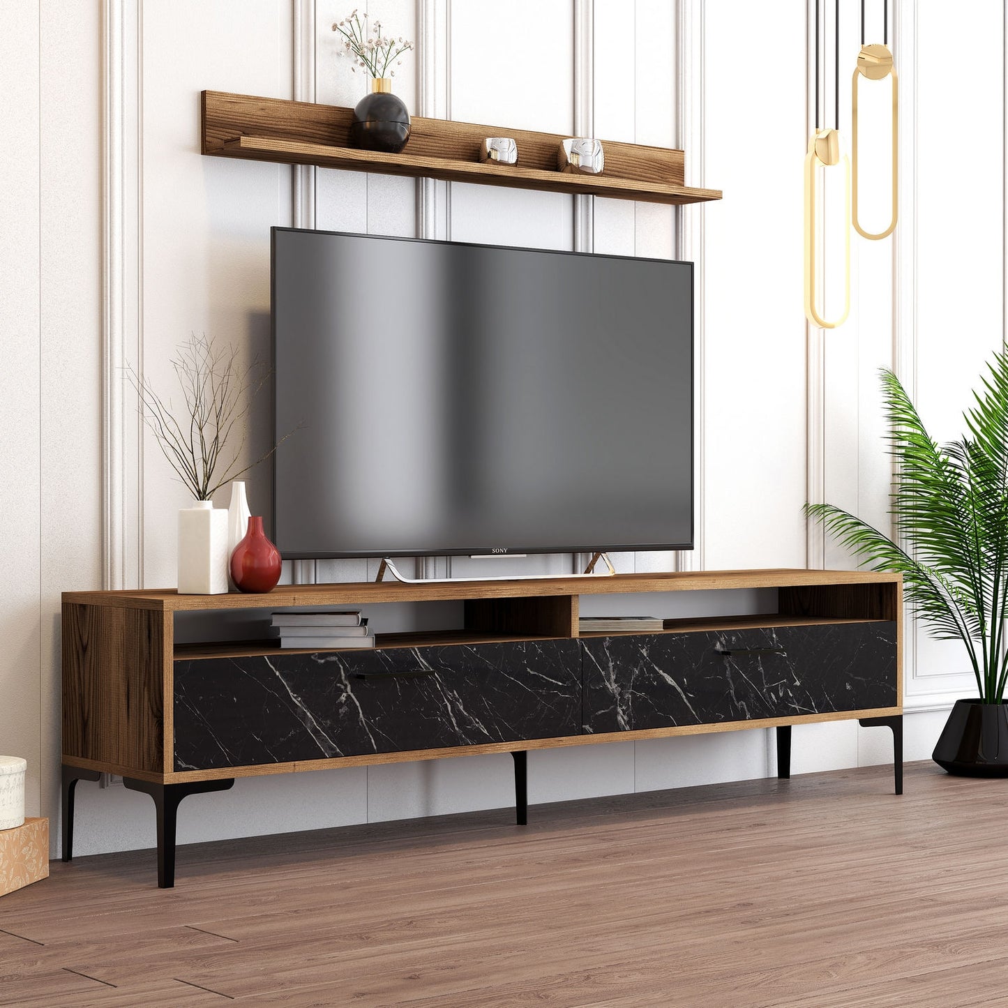 TV staliukas Istanbul - Walnut, Black Marble