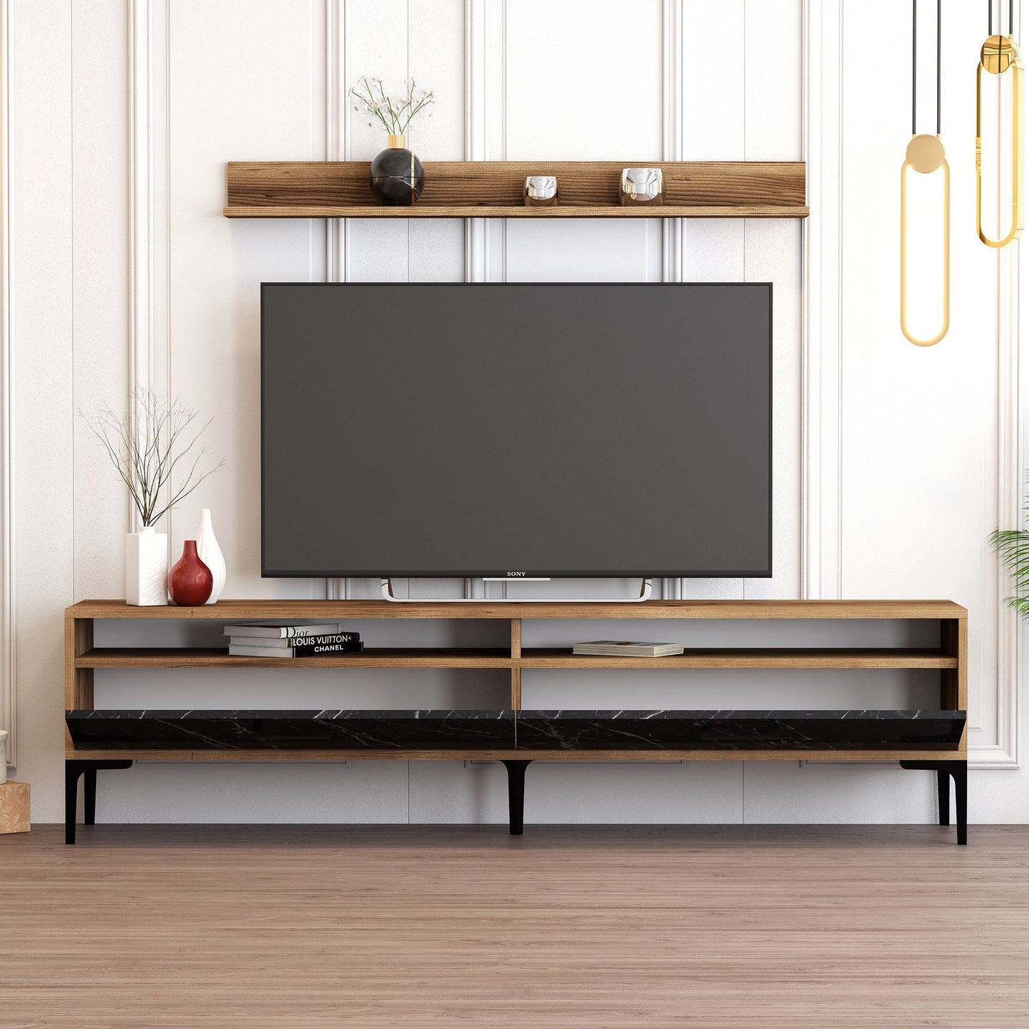 TV staliukas Istanbul - Walnut, Black Marble