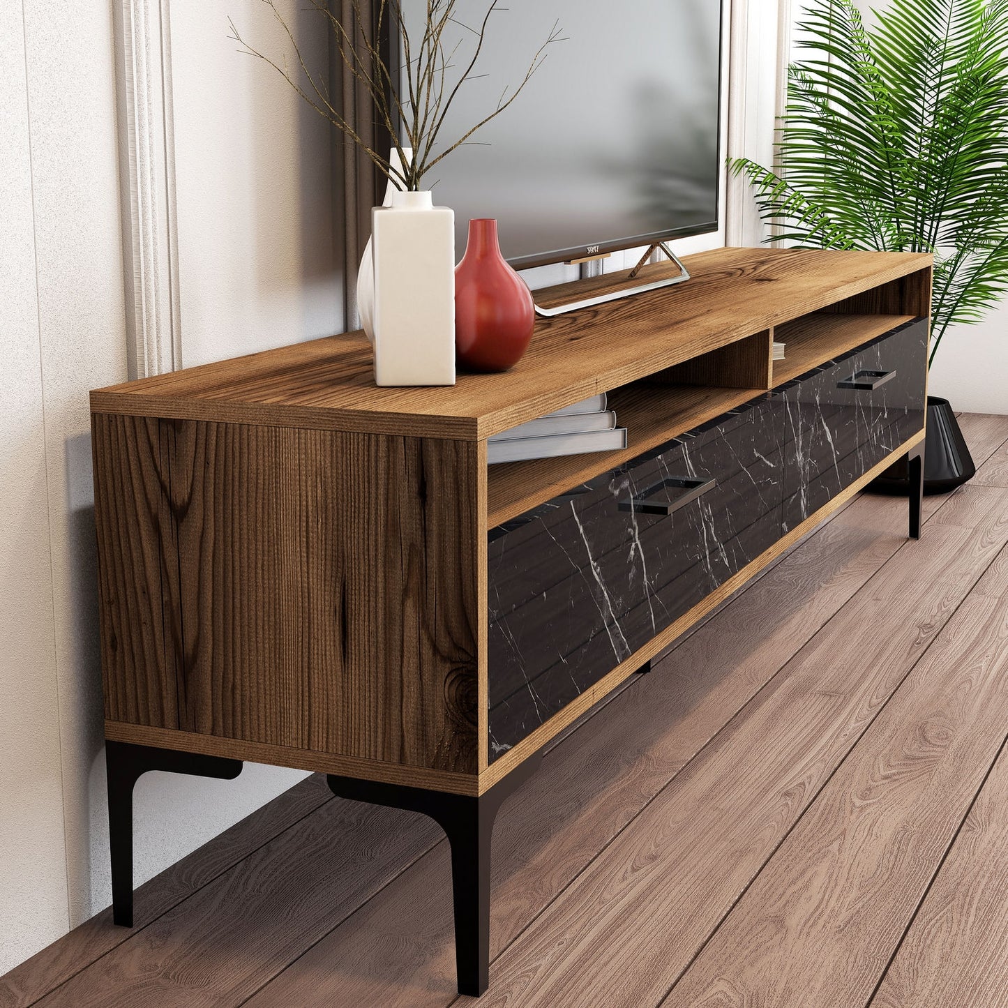 TV staliukas Istanbul - Walnut, Black Marble