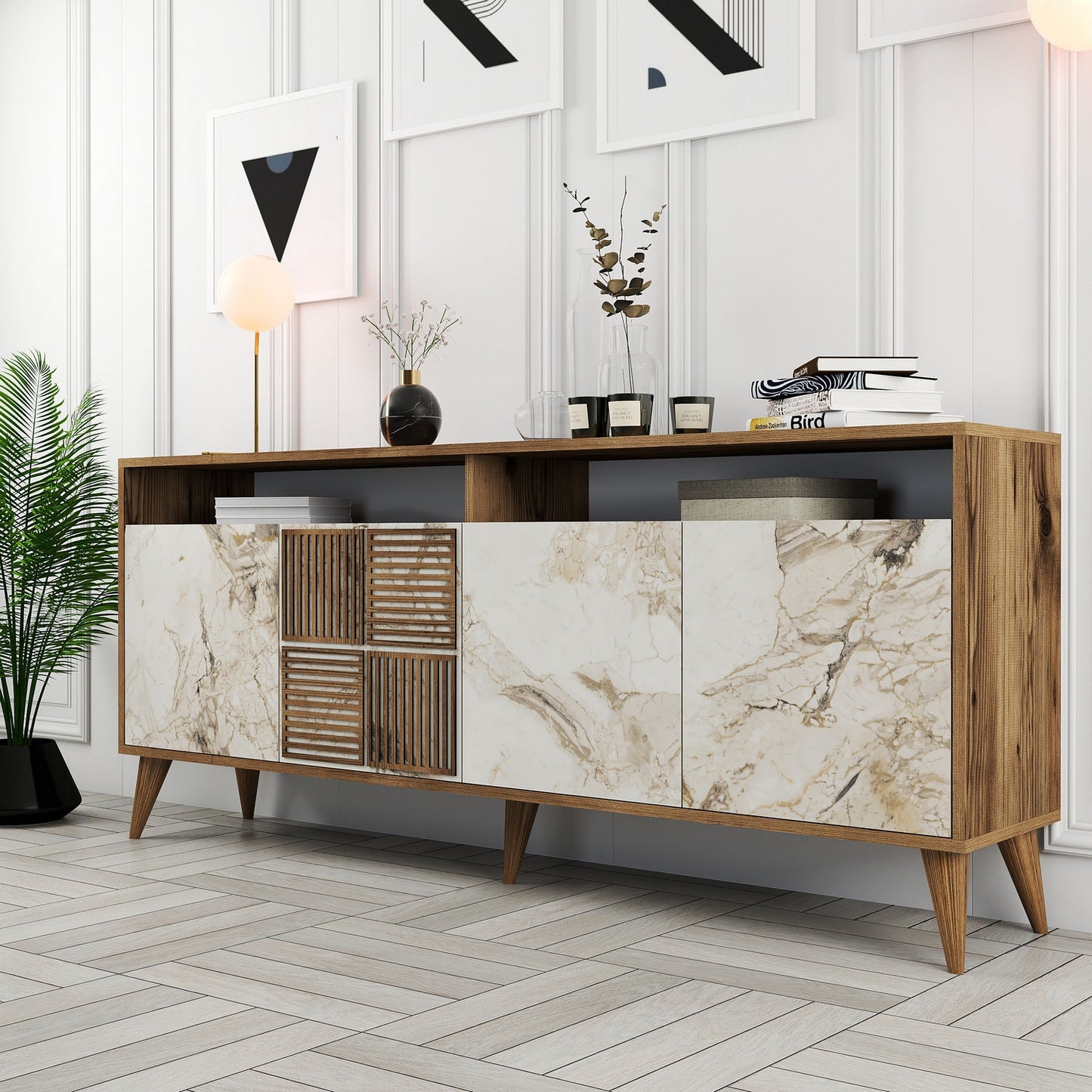 Konsolė Milan - Walnut, White Marble