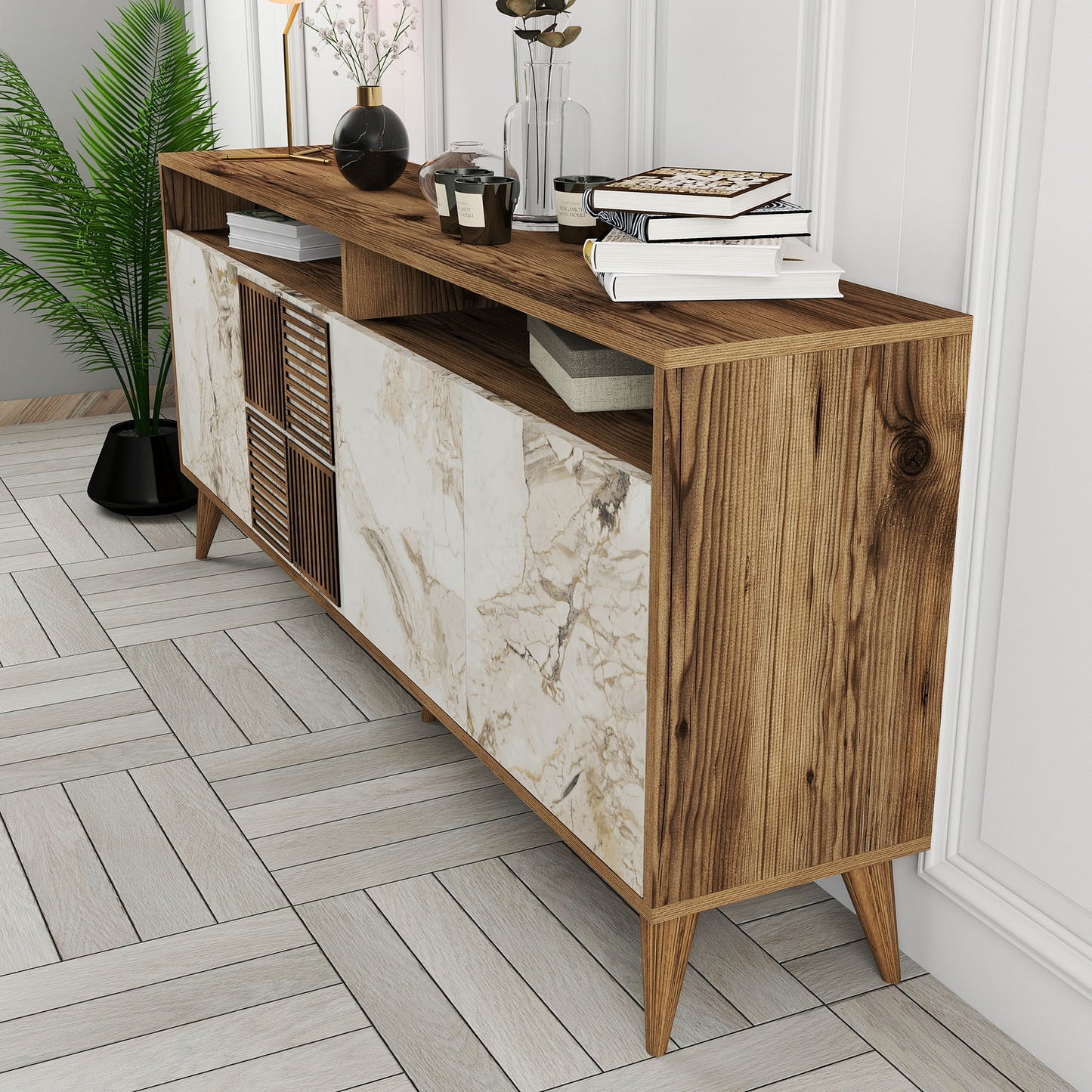 Konsolė Milan - Walnut, White Marble