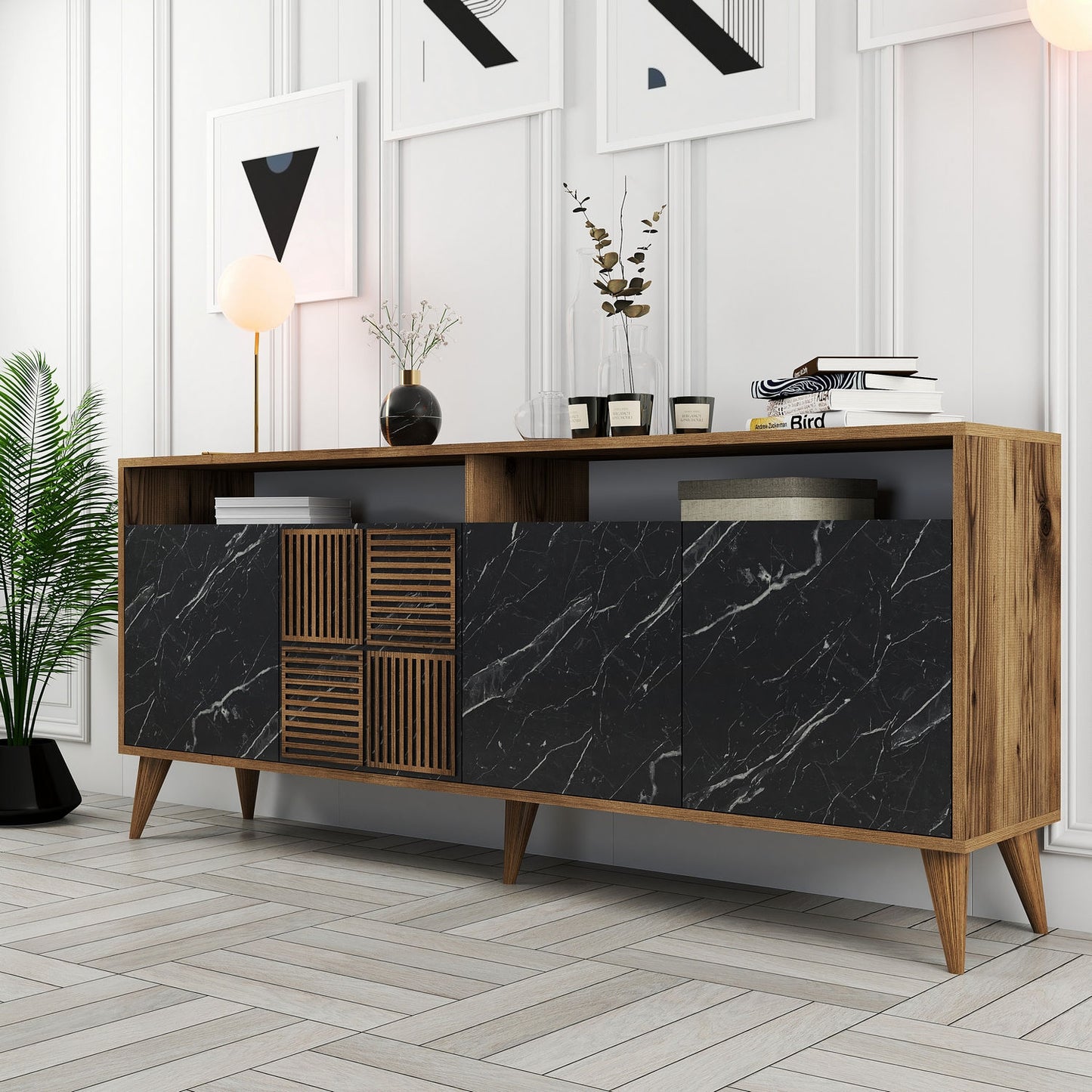 Konsolė Milan - Walnut, Black Marble