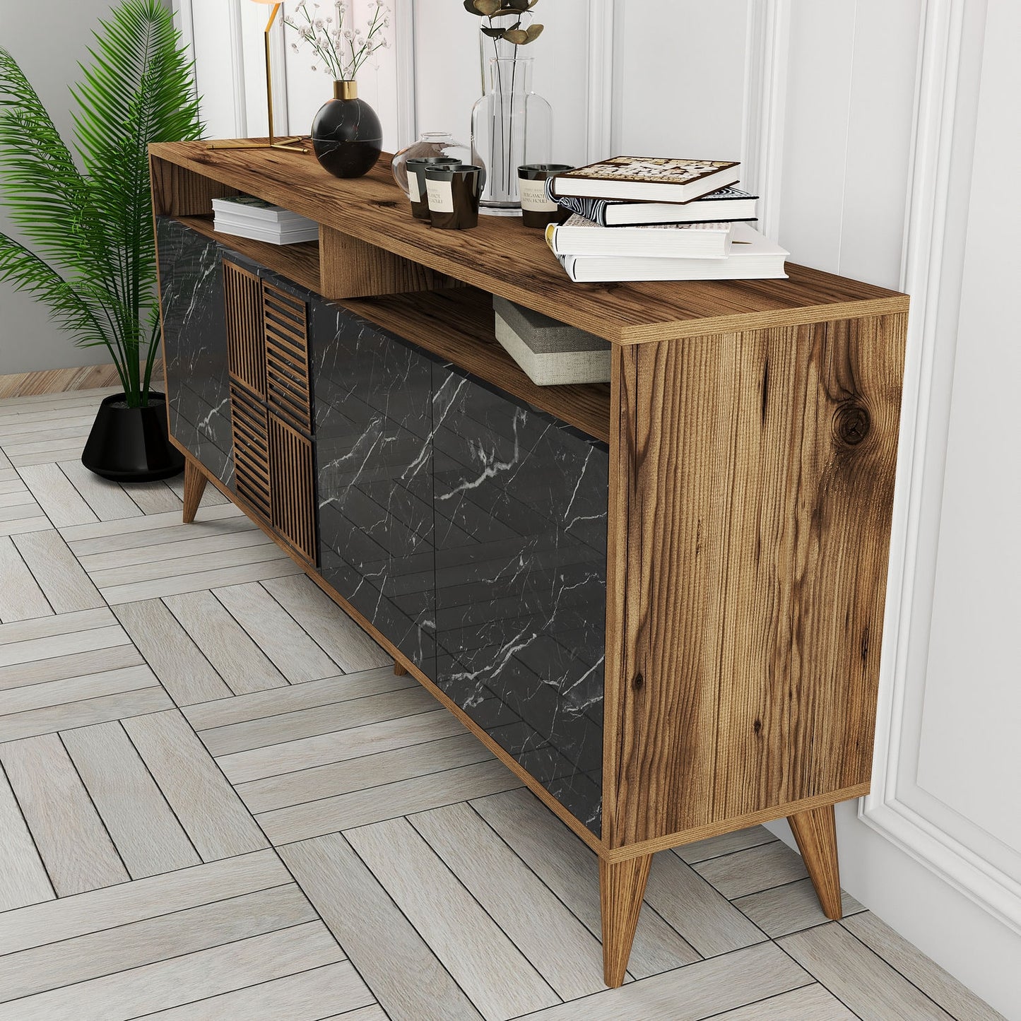 Konsolė Milan - Walnut, Black Marble