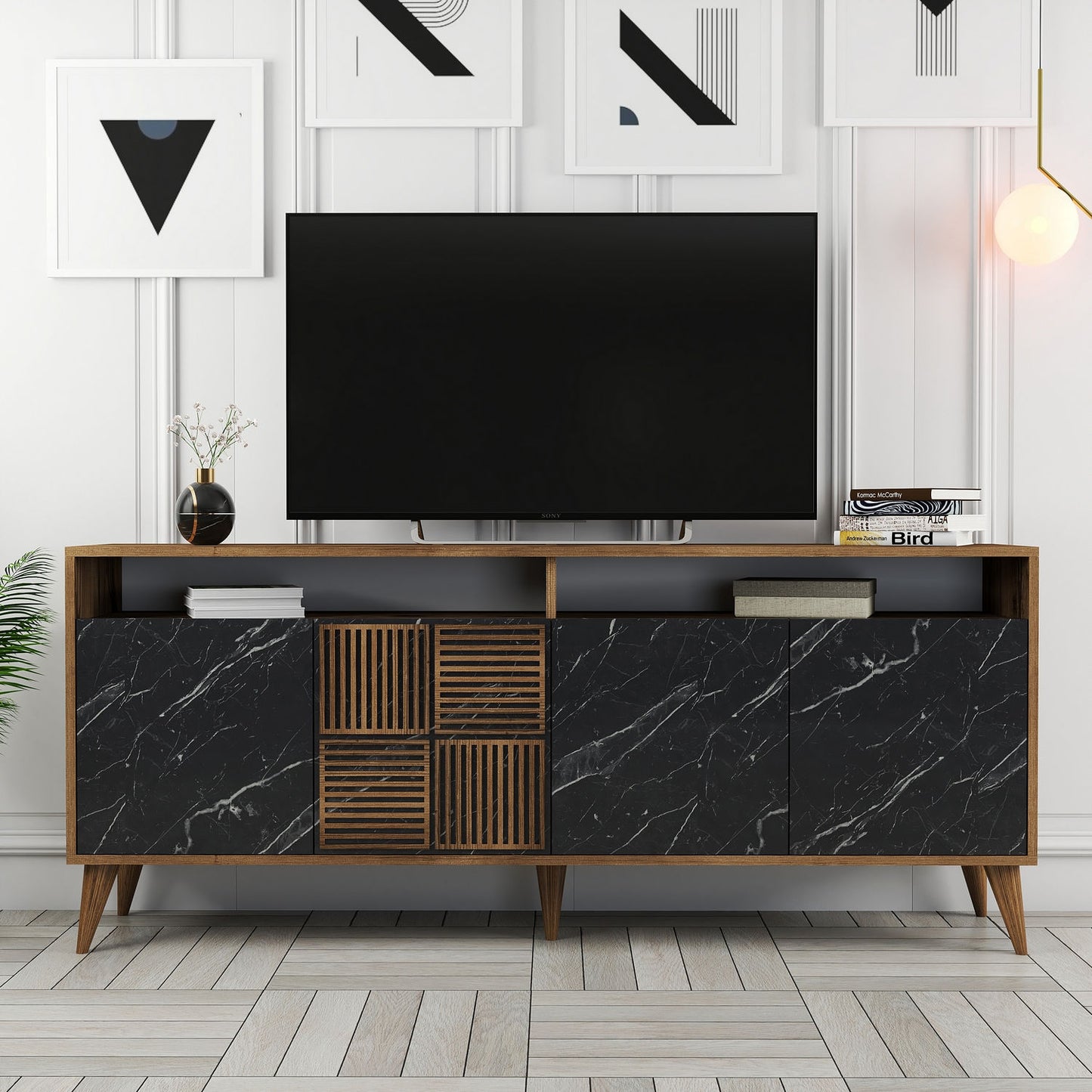 Konsolė Milan - Walnut, Black Marble