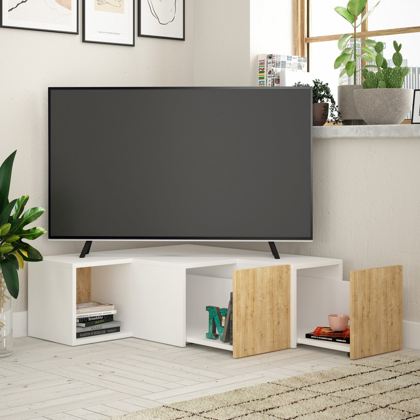 TV staliukas Compact - White, Oak